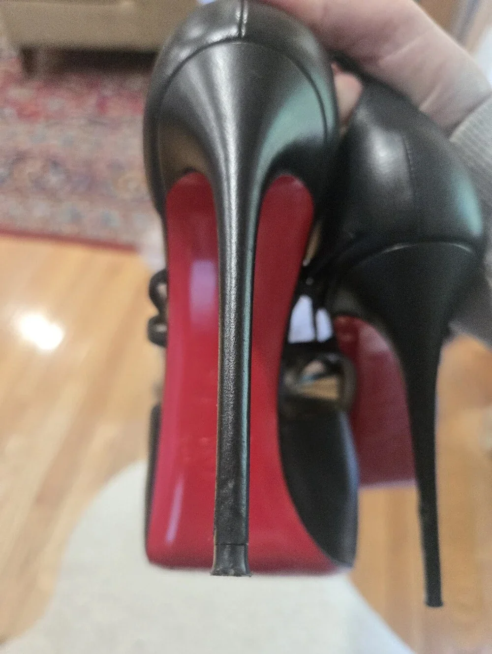 Christian Louboutic Holli Alta Black  Strappy Peep-Toe High Heels with Red Sole